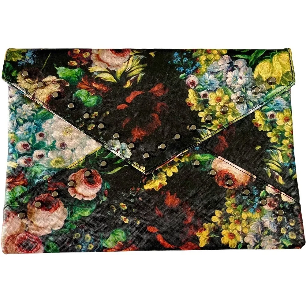 Floral Retro Faux Leather 13 inch Studded Envelope Clutch Detachable Strap